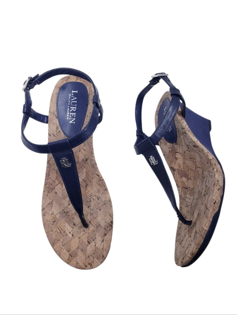 Ralph Lauren Blue Naris Faux Leather T-Strap Cork Wedge Sandals Women's Size 8.5